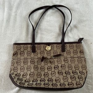 Michael kors brown leather and canvas logo tote